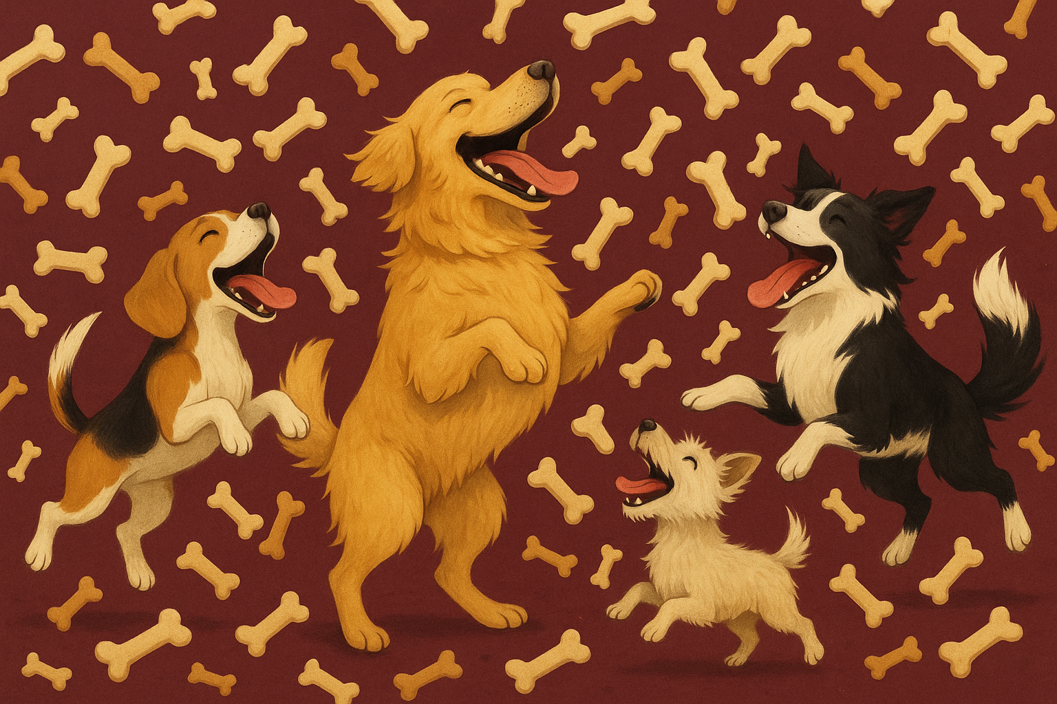 maroon background with bone shaped dog treats raining down. various dogs catching dog treats